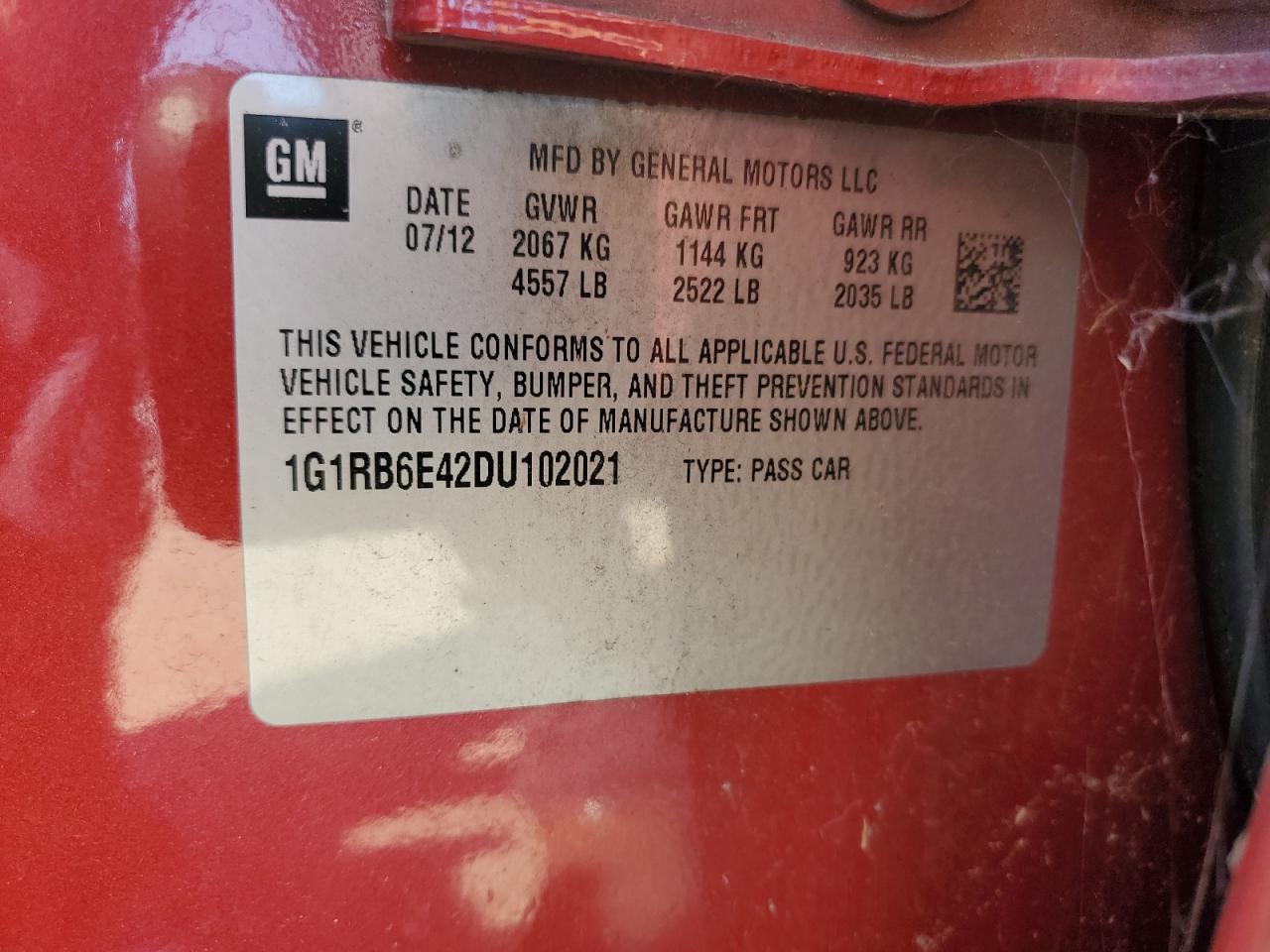 2013 Chevrolet Volt VIN: 1G1RB6E42DU102021 Lot: 87360265