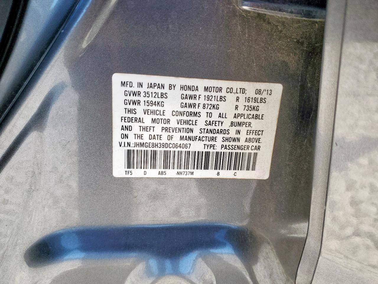 2013 Honda Fit VIN: JHMGE8H39DC064067 Lot: 82458055