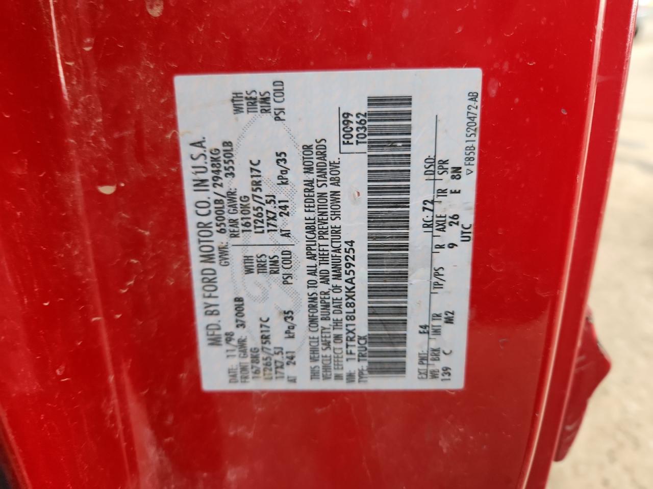 1999 Ford F150 VIN: 1FTRX18L8XKA59254 Lot: 85869805