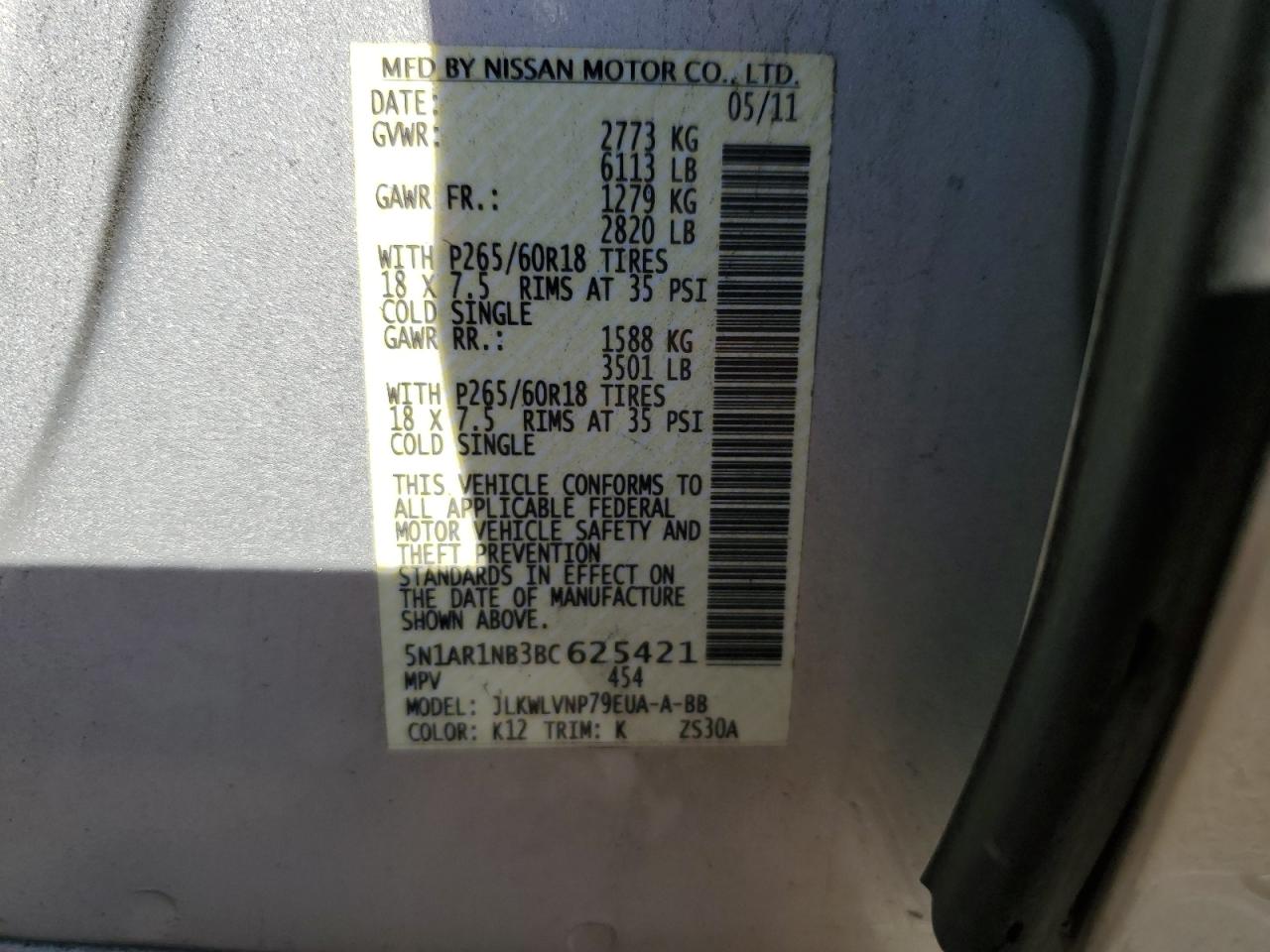 2011 Nissan Pathfinder S VIN: 5N1AR1NB3BC625421 Lot: 81765135