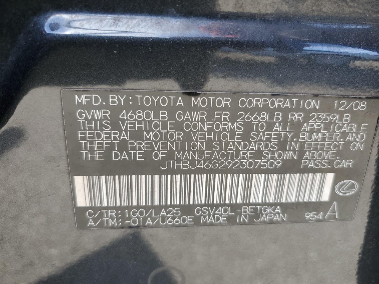 2009 Lexus Es 350 VIN: JTHBJ46G292307509 Lot: 87034195