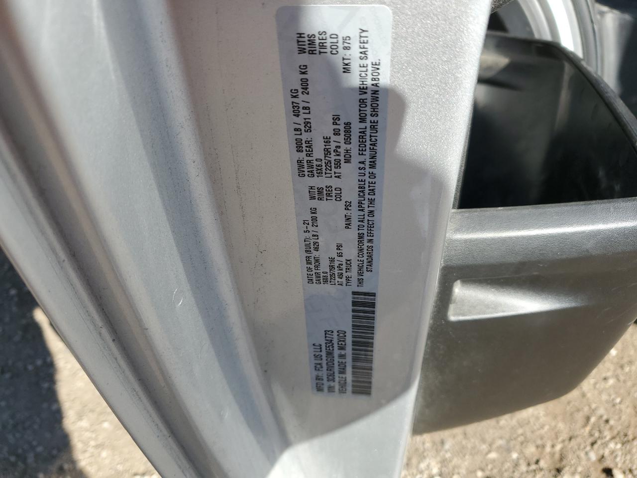 2021 Ram Promaster 2500 2500 High VIN: 3C6LRVDG0ME534773 Lot: 82648895