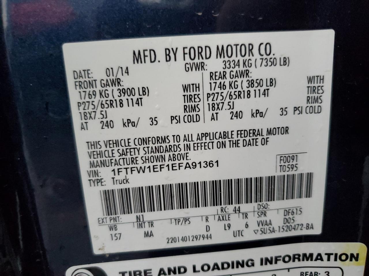 2014 Ford F150 Supercrew VIN: 1FTFW1EF1EFA91361 Lot: 90571885