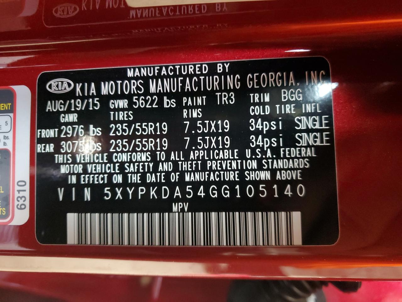 2016 Kia Sorento Sx VIN: 5XYPKDA54GG105140 Lot: 85860835