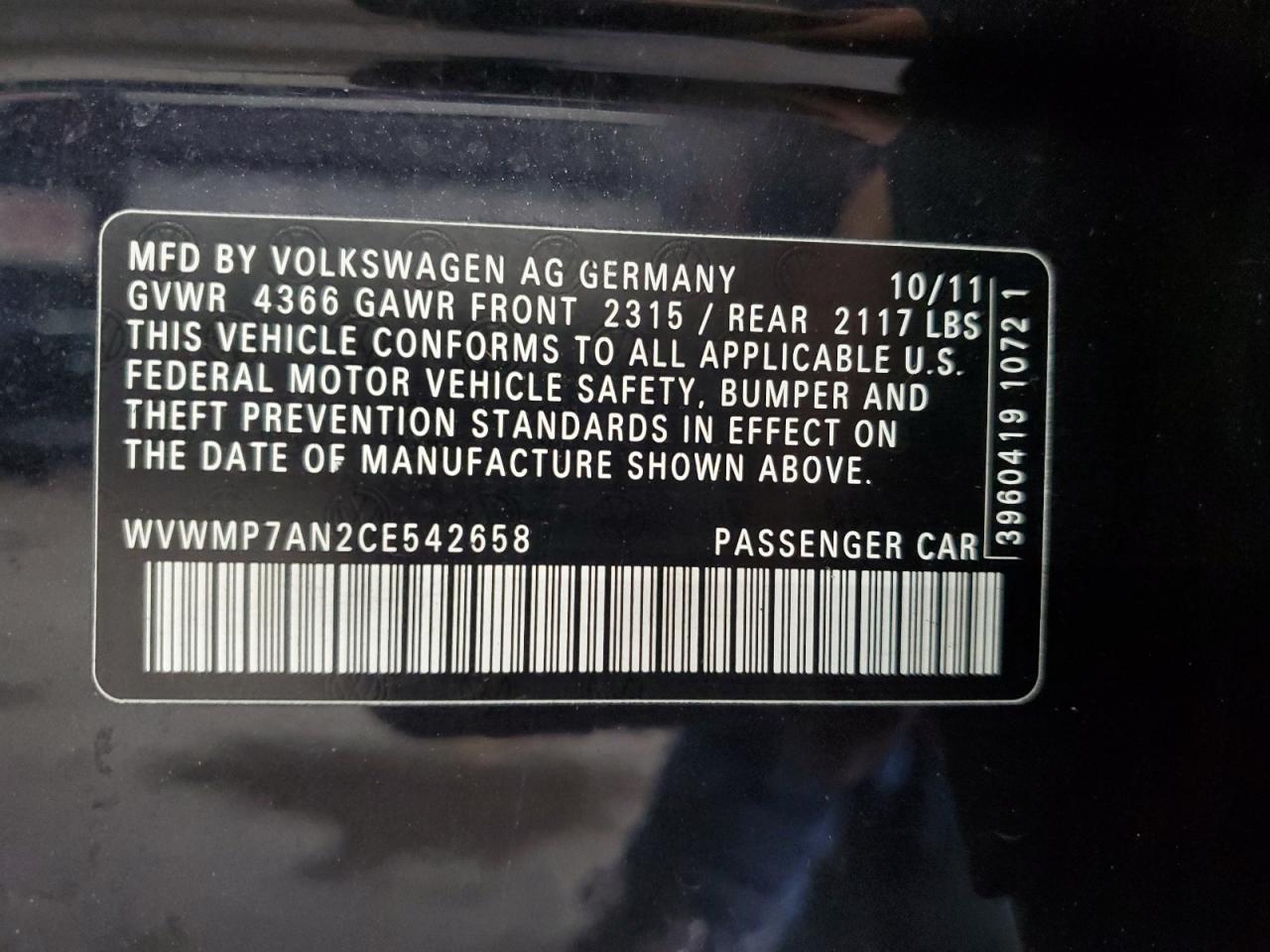2012 Volkswagen Cc Sport VIN: WVWMP7AN2CE542658 Lot: 85544185