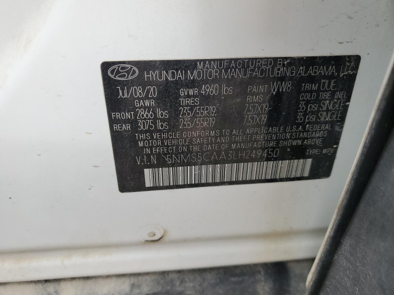 2020 Hyundai Santa Fe Limited VIN: 5NMS5CAA3LH249450 Lot: 85543985