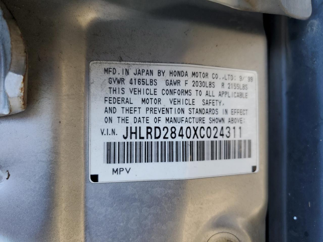 1999 Honda Cr-V Lx VIN: JHLRD2840XC024311 Lot: 82489815