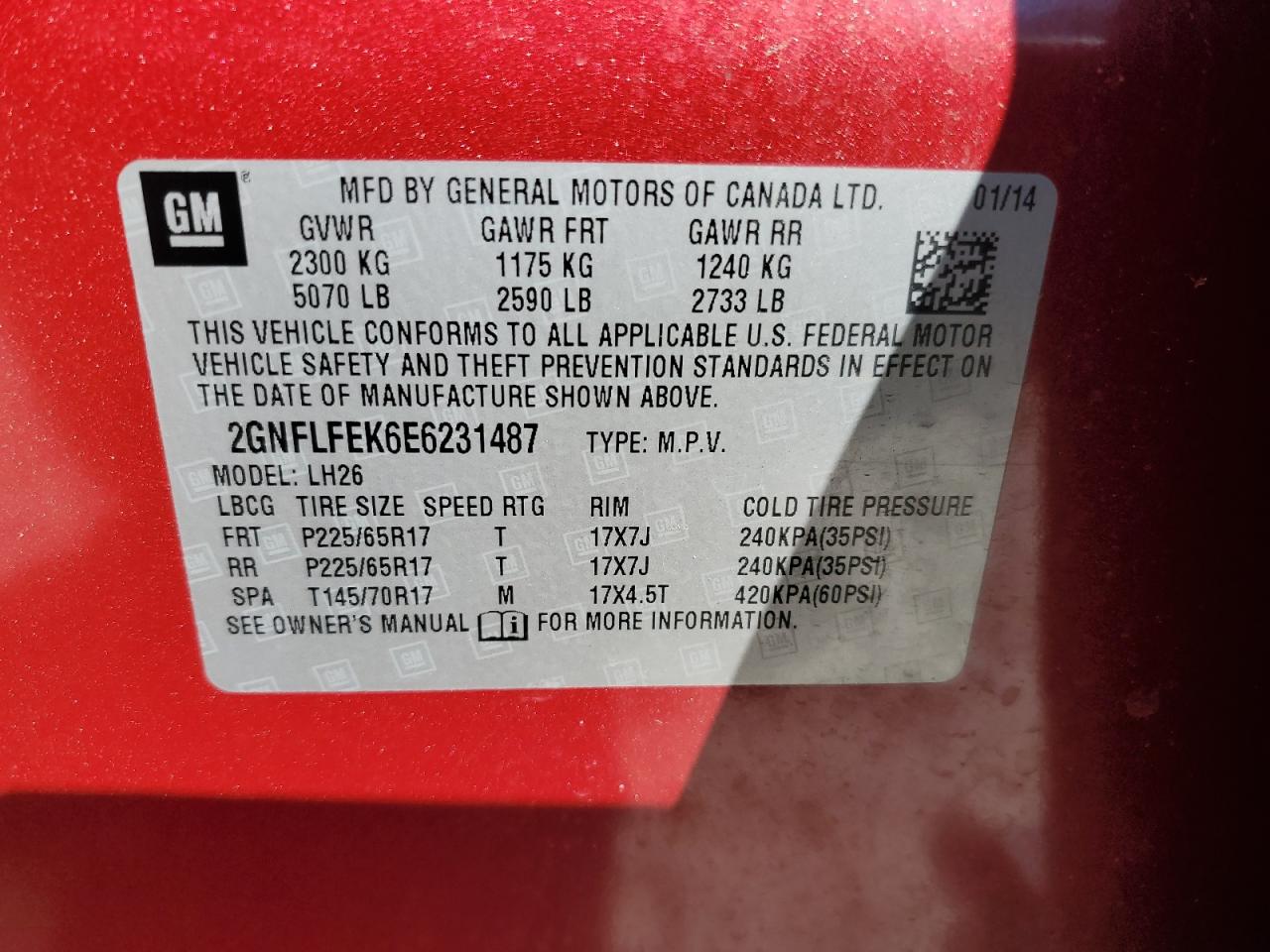 2014 Chevrolet Equinox Lt VIN: 2GNFLFEK6E6231487 Lot: 84432305