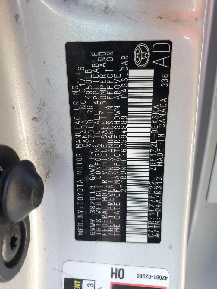 2016 Toyota Corolla L VIN: 2T1BURHE3GC594889 Lot: 82284615