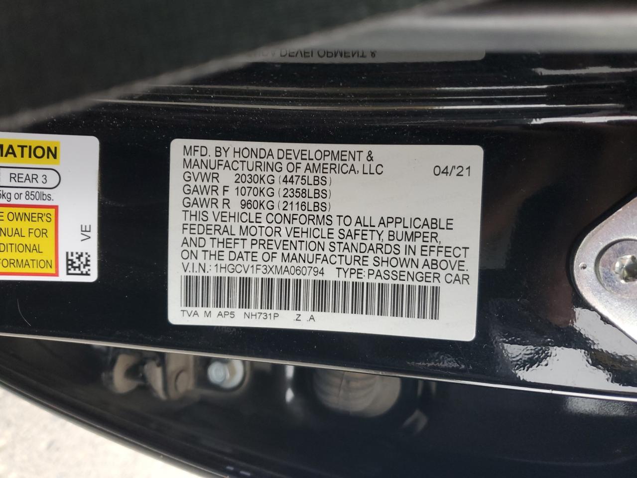 2021 Honda Accord Sport VIN: 1HGCV1F3XMA060794 Lot: 86184805
