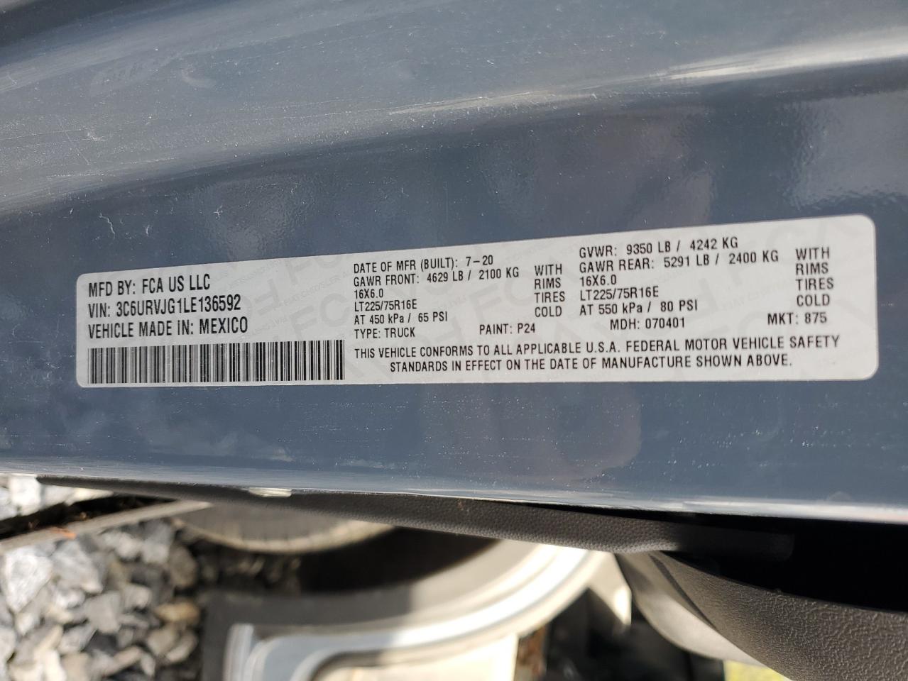 2020 Ram Promaster 3500 Delivery Van VIN: 3C6URVJG1LE136592 Lot: 86990355