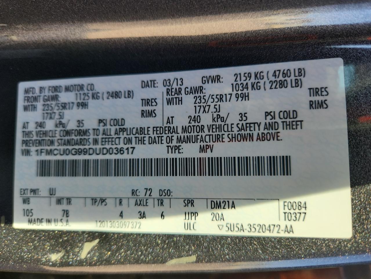 2013 Ford Escape Se VIN: 1FMCU0G99DUD03617 Lot: 82000775