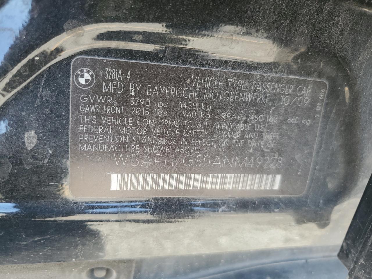 2010 BMW 328 I VIN: WBAPH7G50ANM49228 Lot: 85289135