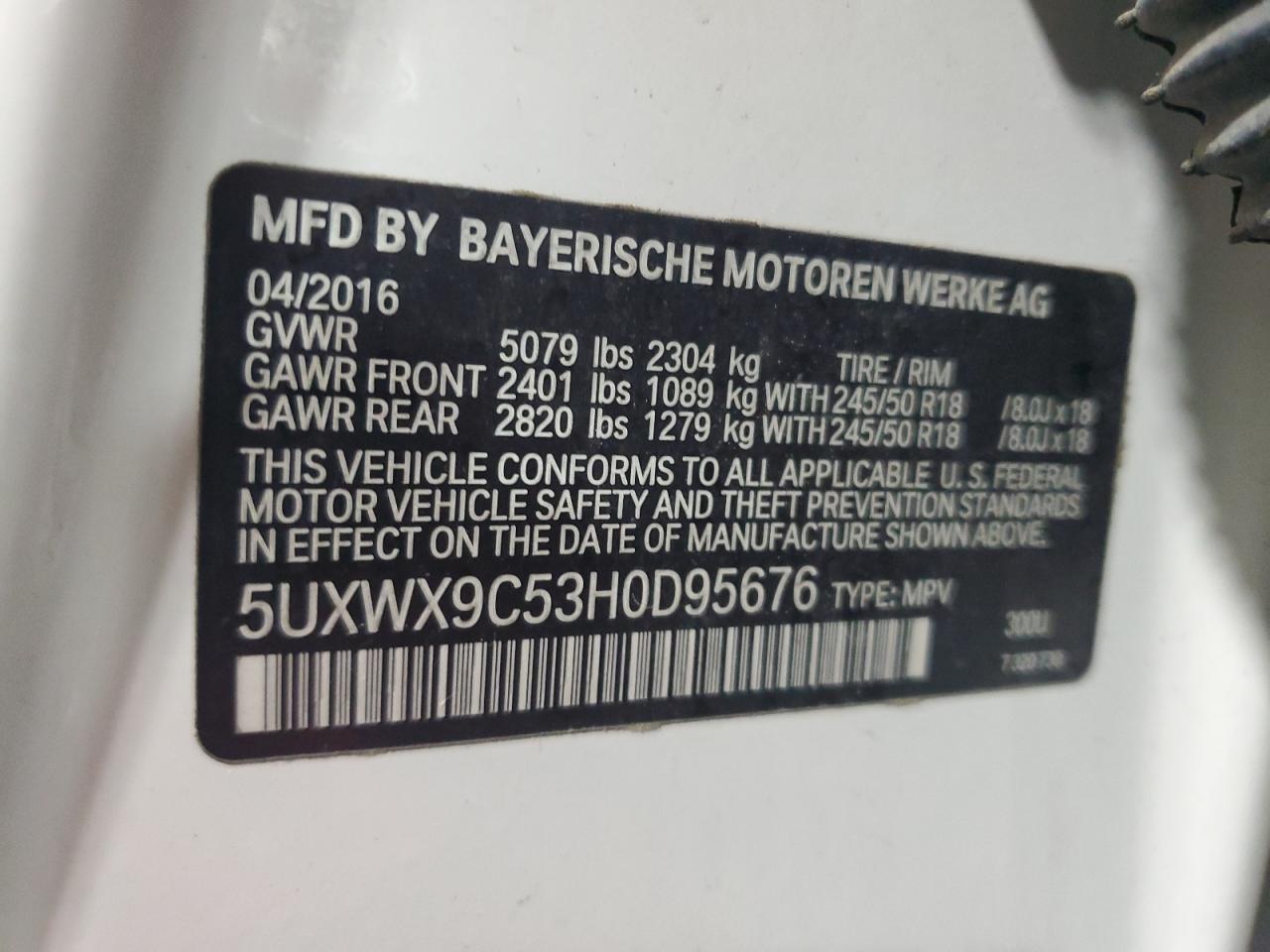 2017 BMW X3 xDrive28I VIN: 5UXWX9C53H0D95676 Lot: 84889095