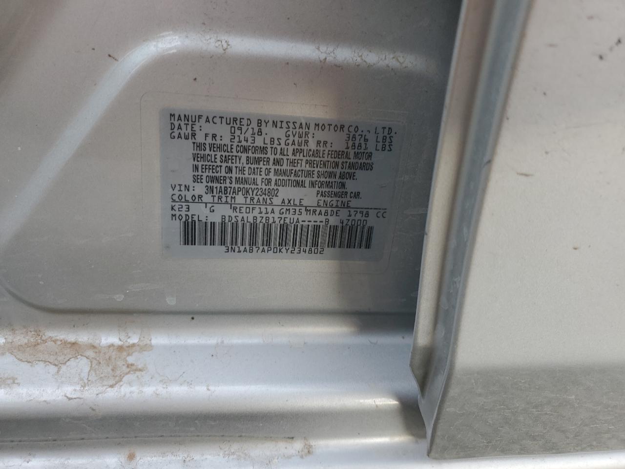 2019 Nissan Sentra S VIN: 3N1AB7AP0KY234802 Lot: 82399625