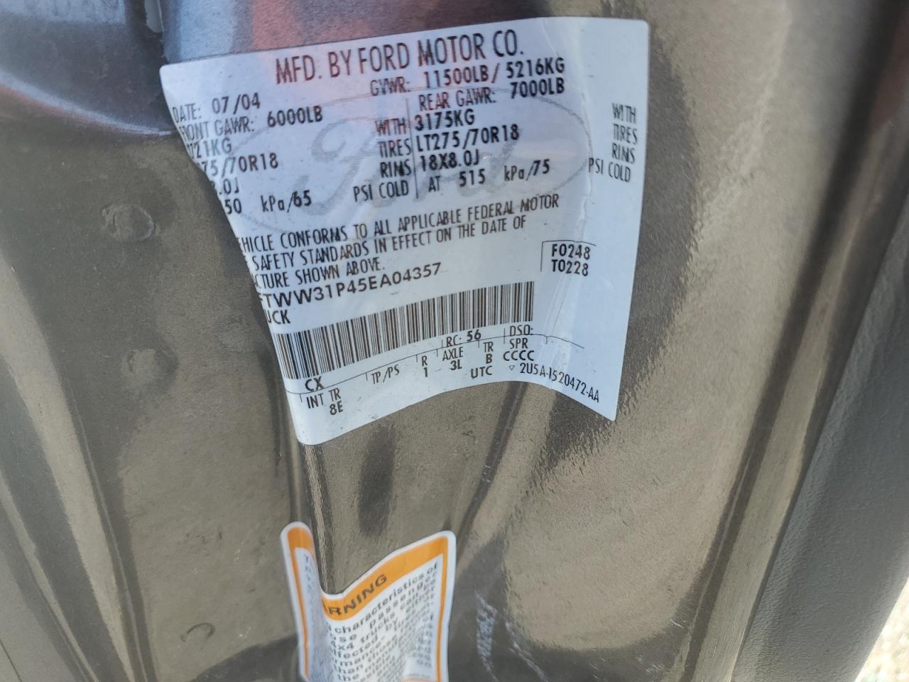 2005 Ford F350 Srw Super Duty VIN: 1FTWW31P45EA04357 Lot: 85509685