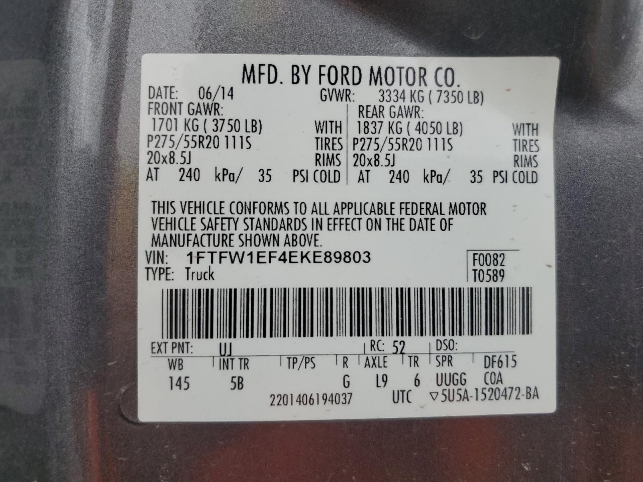 2014 Ford F150 Supercrew VIN: 1FTFW1EF4EKE89803 Lot: 84755185