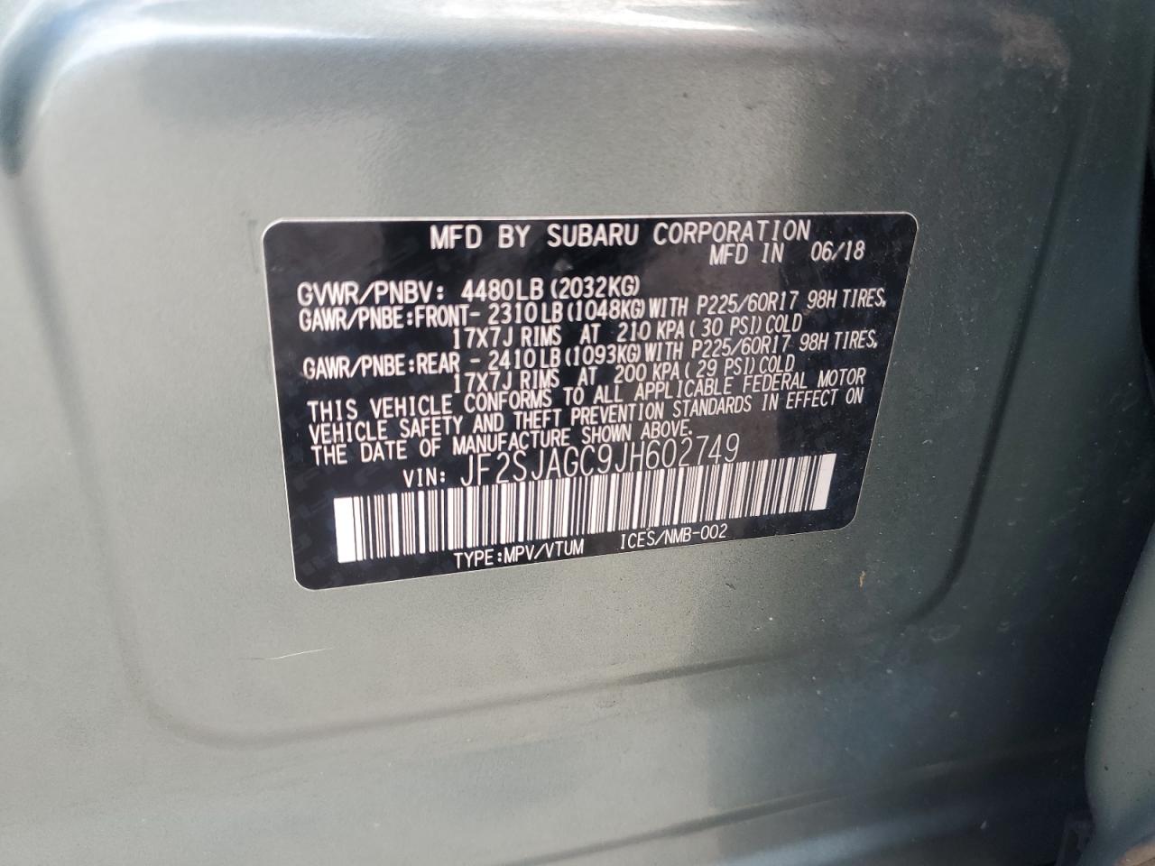 2018 Subaru Forester 2.5I Premium VIN: JF2SJAGC9JH602749 Lot: 84639505