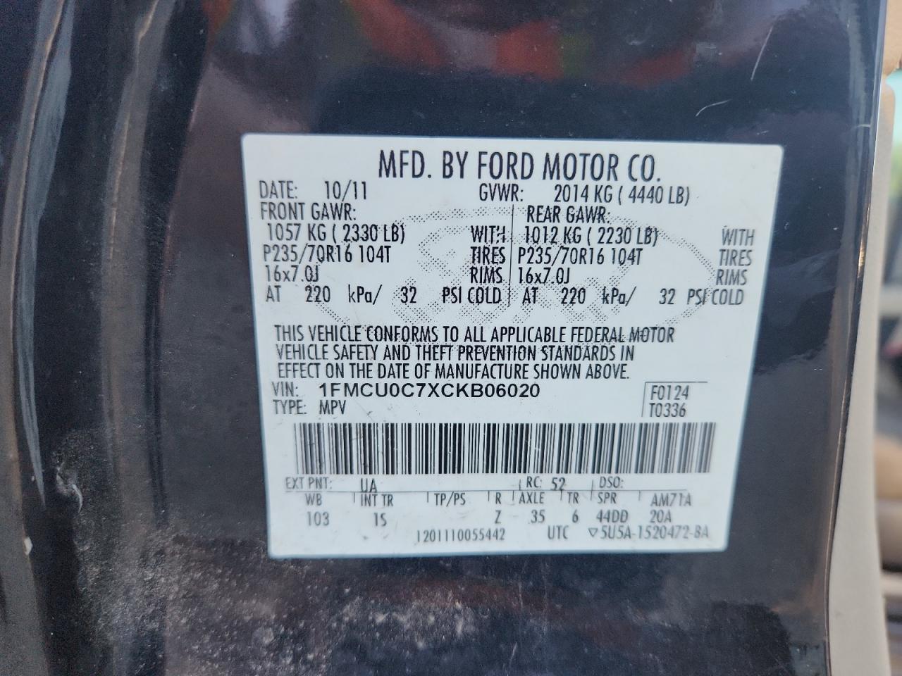 2012 Ford Escape Xls VIN: 1FMCU0C7XCKB06020 Lot: 85848655