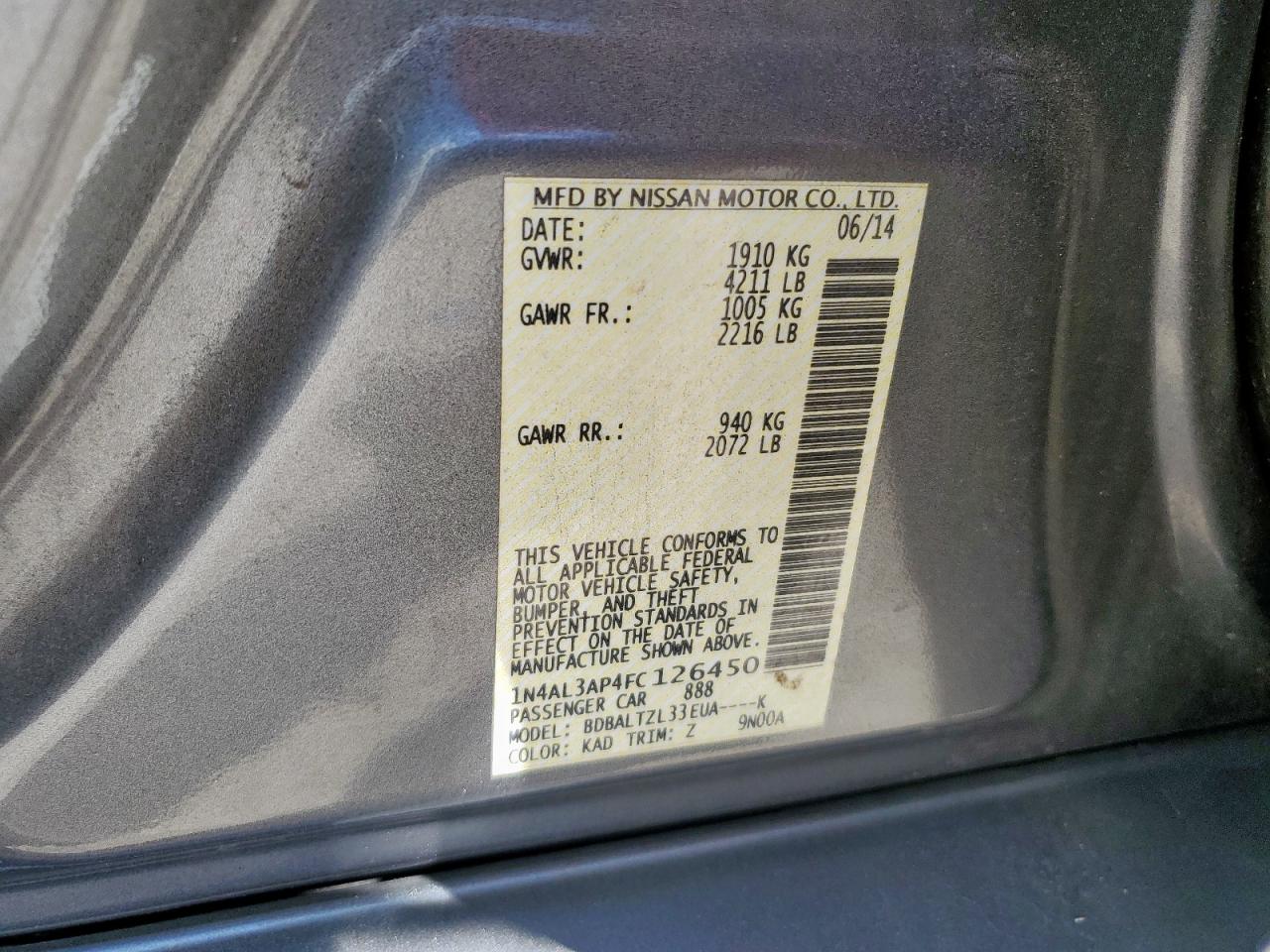 2015 Nissan Altima 2.5 VIN: 1N4AL3AP4FC126450 Lot: 85781365