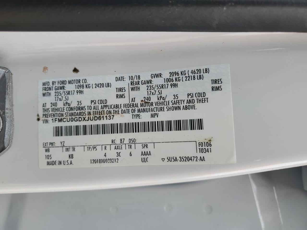 2018 Ford Escape Se VIN: 1FMCU0GDXJUD61137 Lot: 82697245