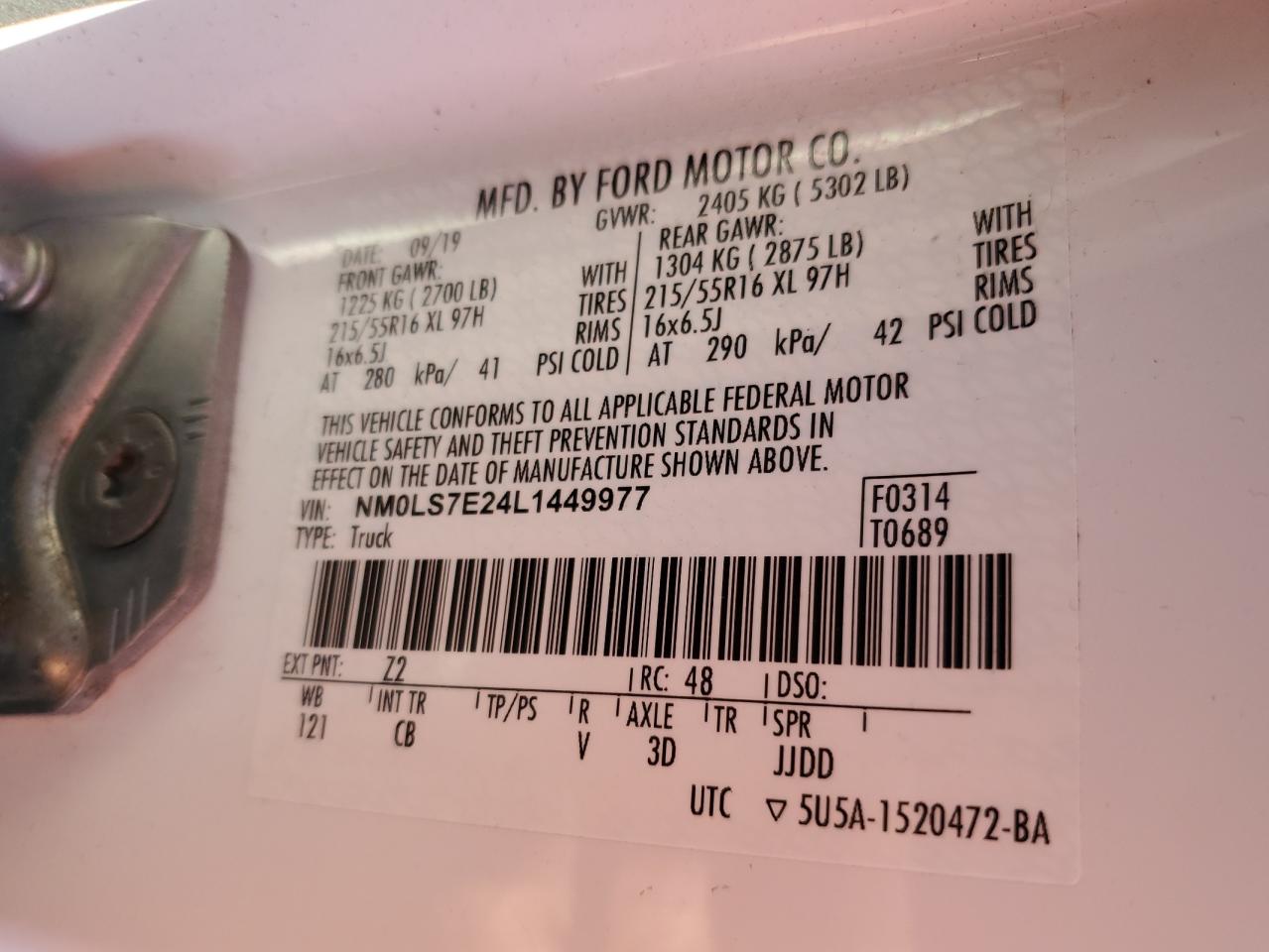 2020 Ford Transit Connect Delivery Van VIN: NM0LS7E24L1449977 Lot: 90253195