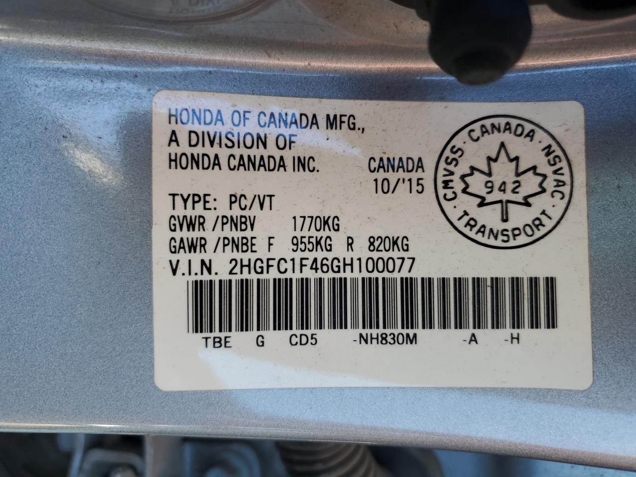 2016 Honda Civic Ex VIN: 2HGFC1F46GH100077 Lot: 84612675