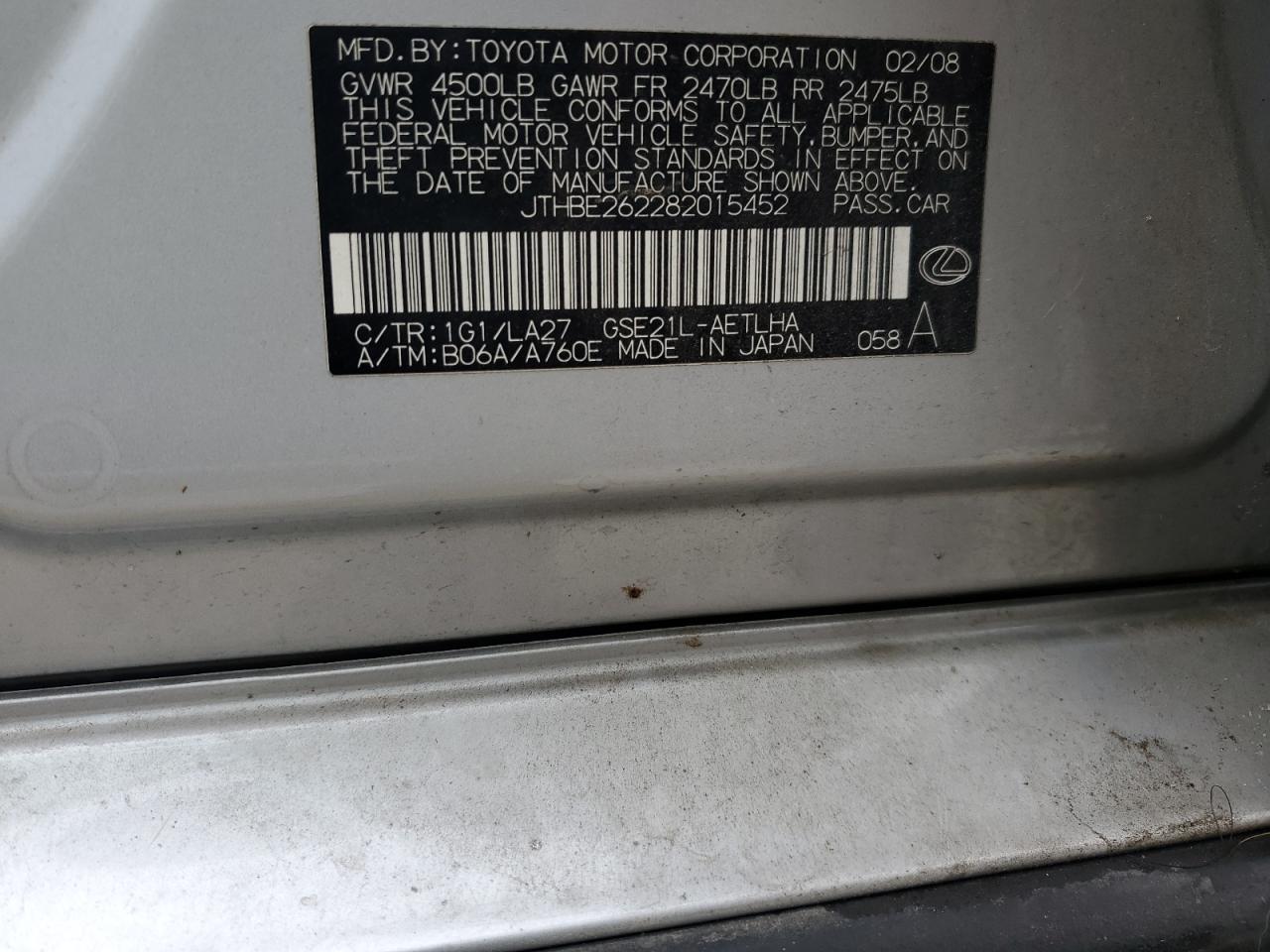 2008 Lexus Is 350 VIN: JTHBE262282015452 Lot: 90101815