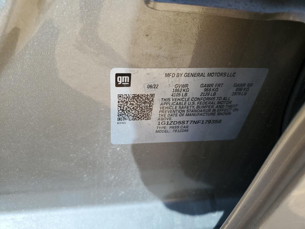 2022 Chevrolet Malibu Lt VIN: 1G1ZD5ST7NF179358 Lot: 86228885