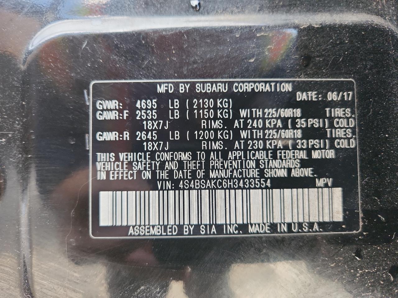 2017 Subaru Outback 2.5I Limited VIN: 4S4BSAKC6H3433554 Lot: 86480385