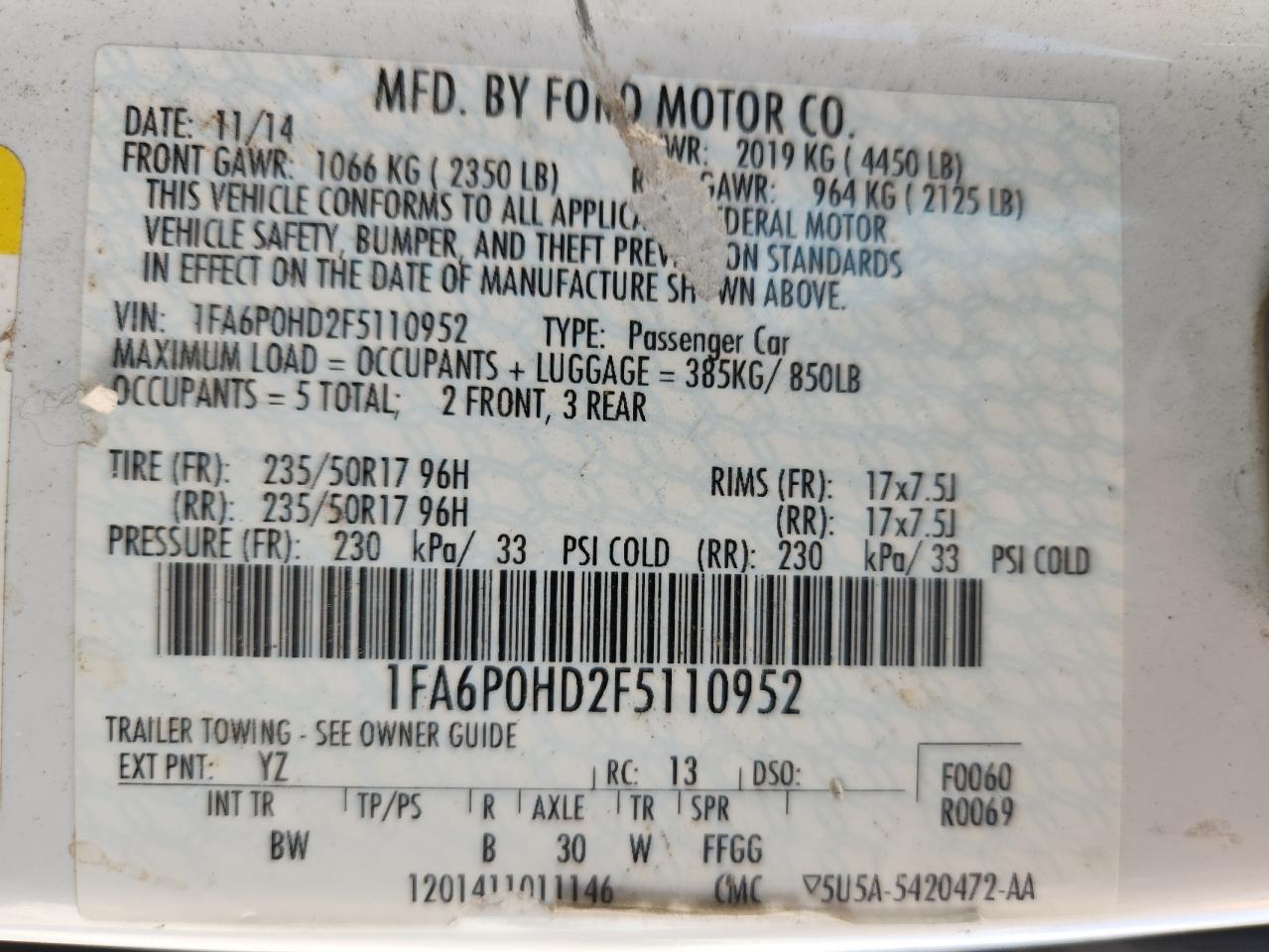 2015 Ford Fusion Se VIN: 1FA6P0HD2F5110952 Lot: 89739985