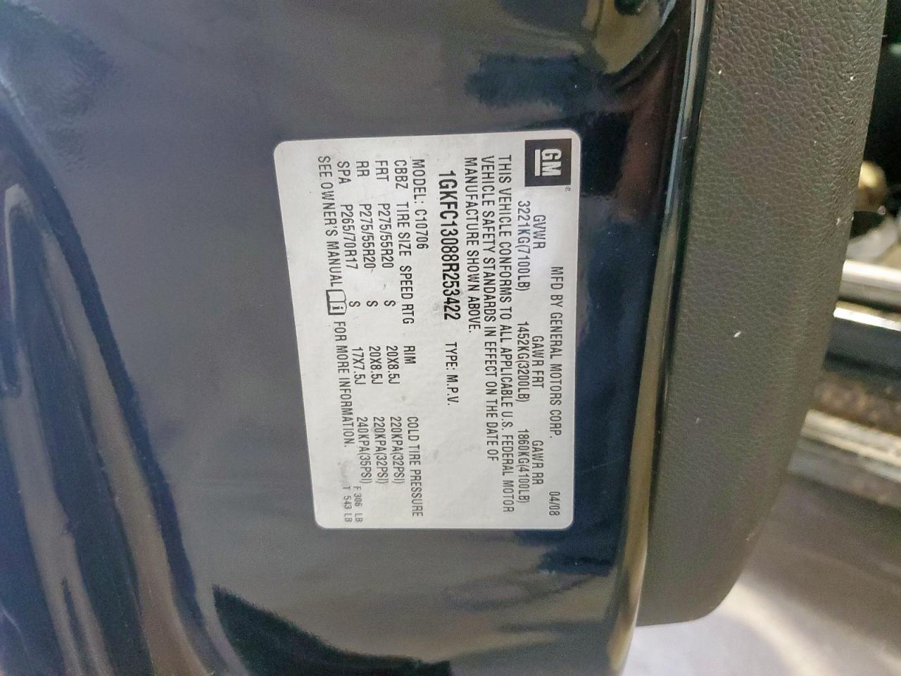 2008 GMC Yukon VIN: 1GKFC13088R253422 Lot: 85092465