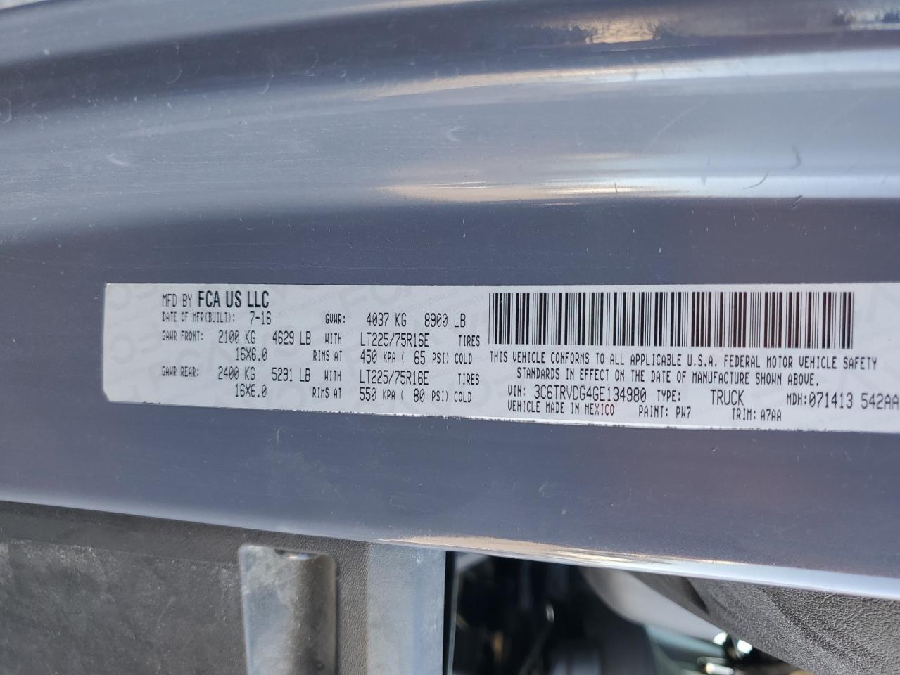 2016 Ram Promaster 2500 2500 High VIN: 3C6TRVDG4GE134980 Lot: 85396335