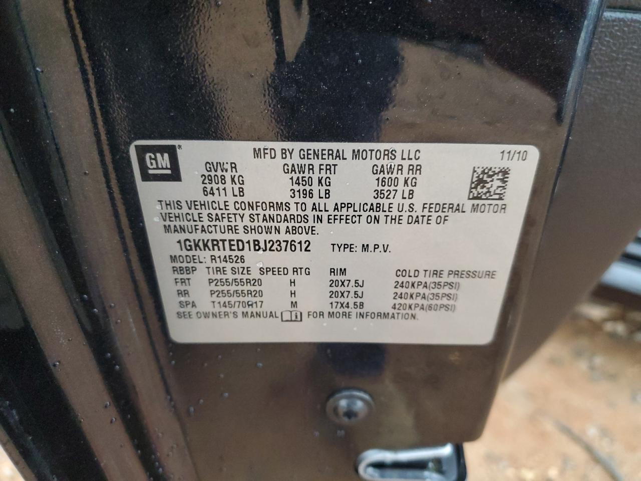 2011 GMC Acadia Denali VIN: 1GKKRTED1BJ237612 Lot: 90084515