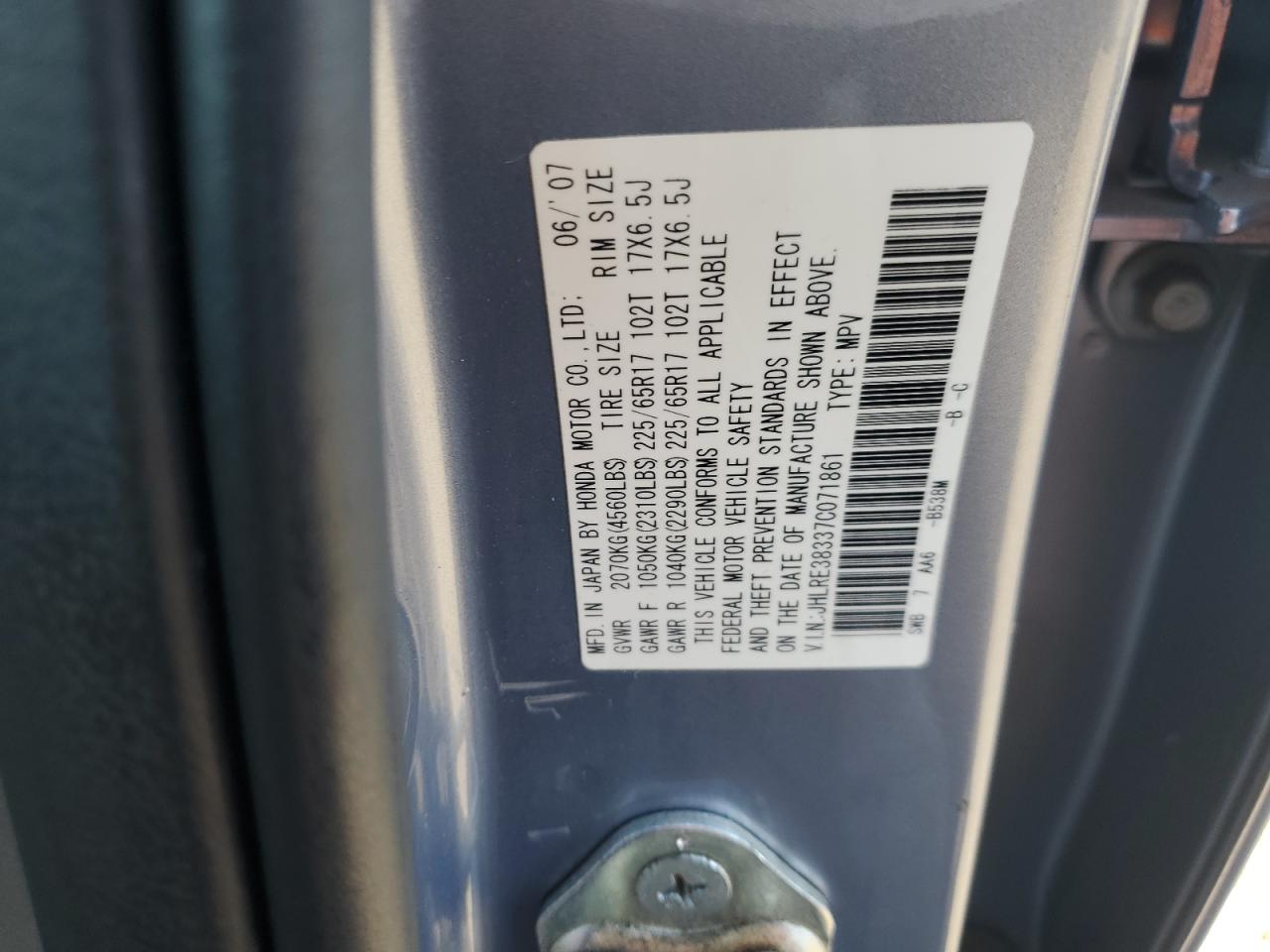 2007 Honda Cr-V Lx VIN: JHLRE38337C071861 Lot: 82753135