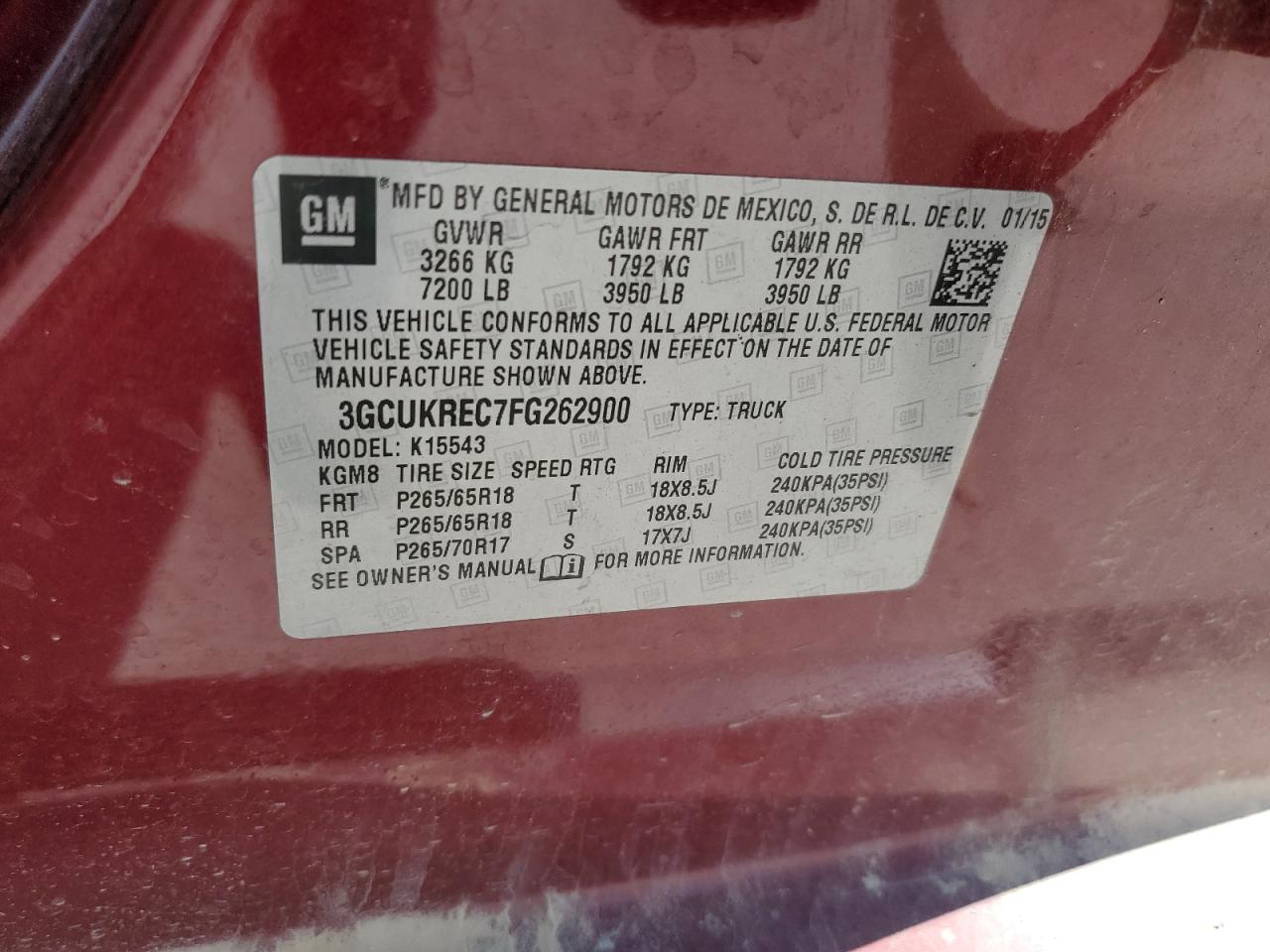 2015 Chevrolet Silverado K1500 Lt VIN: 3GCUKREC7FG262900 Lot: 84757825