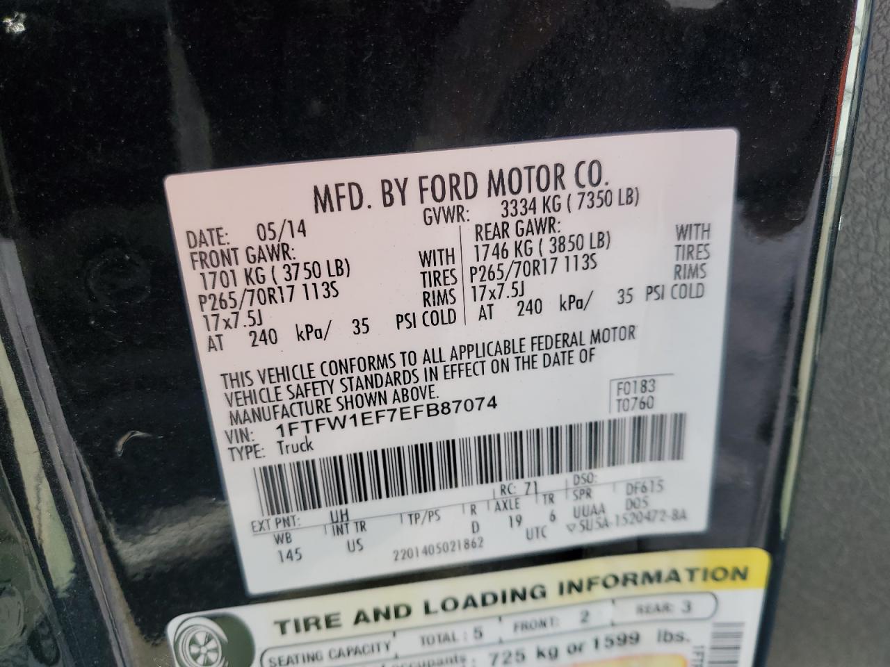 2014 Ford F150 Supercrew VIN: 1FTFW1EF7EFB87074 Lot: 84941625