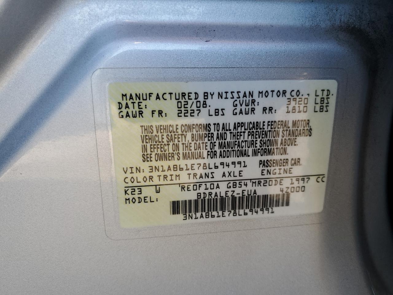 2008 Nissan Sentra 2.0 VIN: 3N1AB61E78L694991 Lot: 82370805