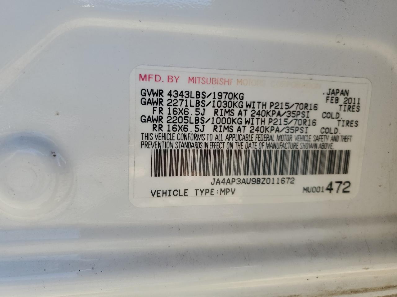 2011 Mitsubishi Outlander Sport Es VIN: JA4AP3AU9BZ011672 Lot: 90266815