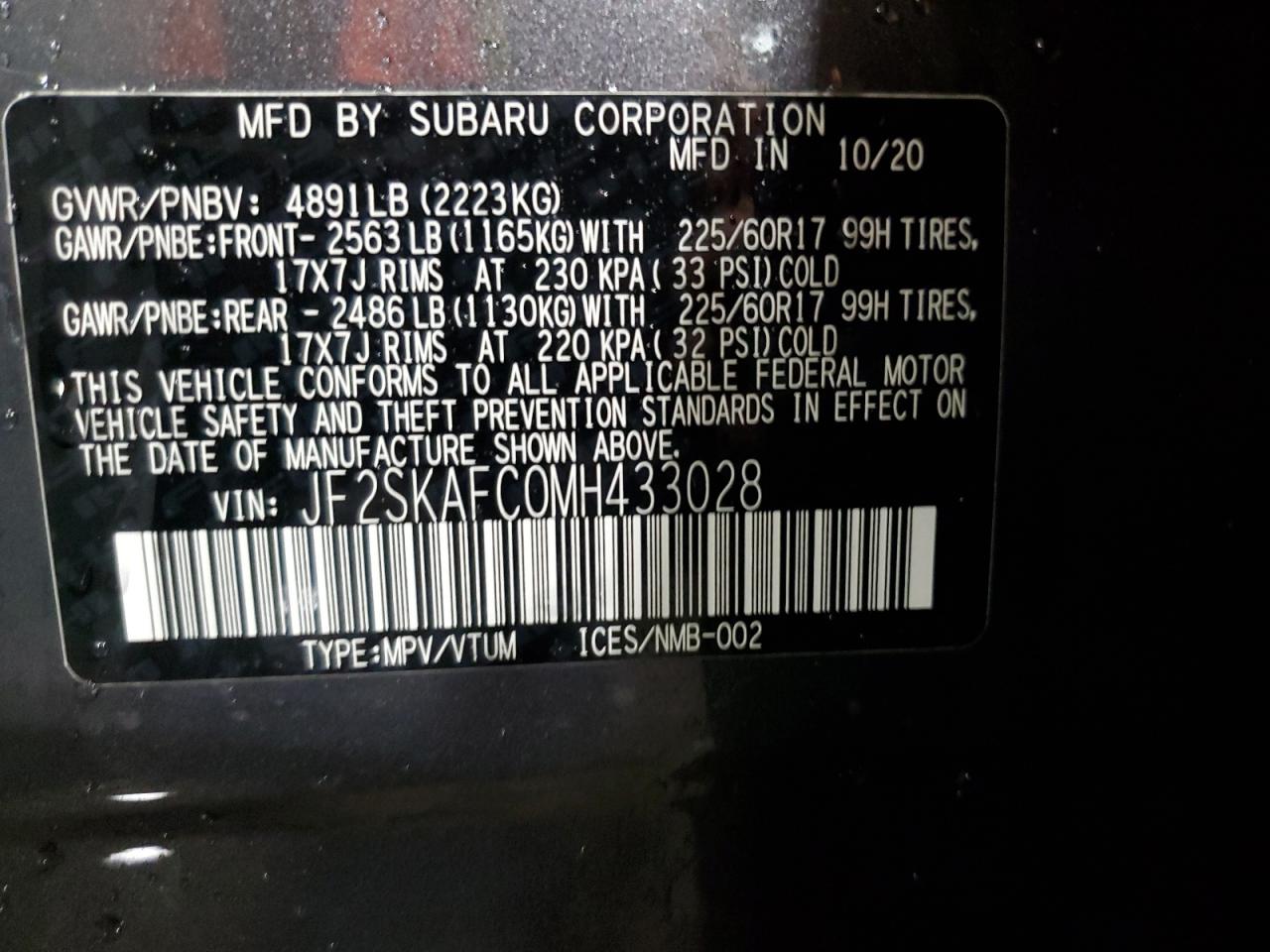 2021 Subaru Forester Premium VIN: JF2SKAFC0MH433028 Lot: 85348645