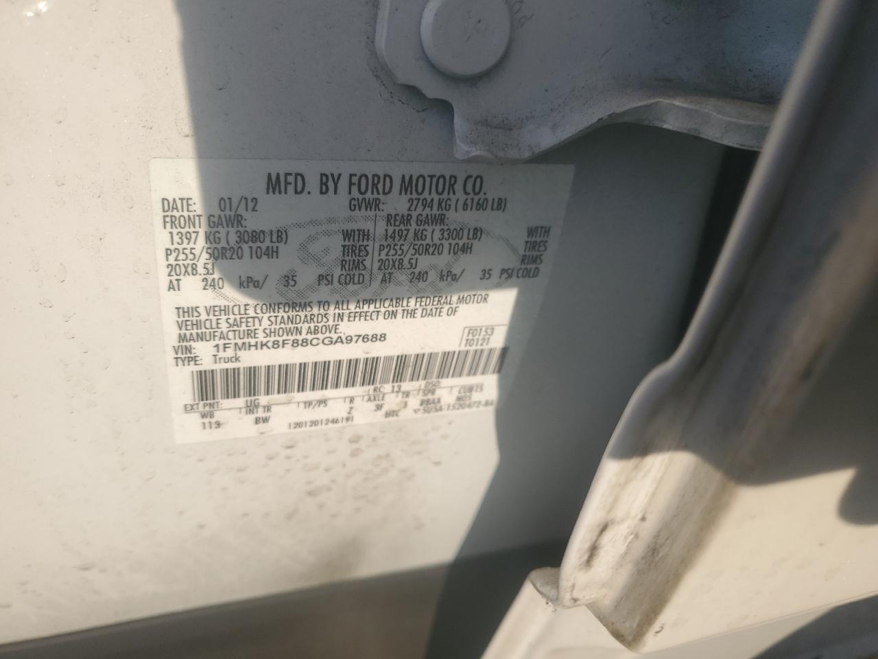 2012 Ford Explorer Limited VIN: 1FMHK8F88CGA97688 Lot: 81818715