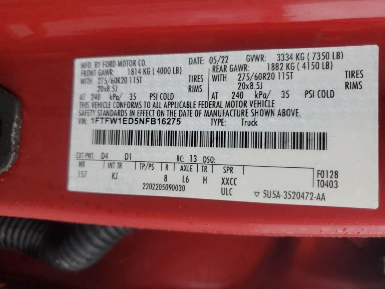 2022 Ford F150 Supercrew VIN: 1FTFW1ED5NFB16275 Lot: 90425465