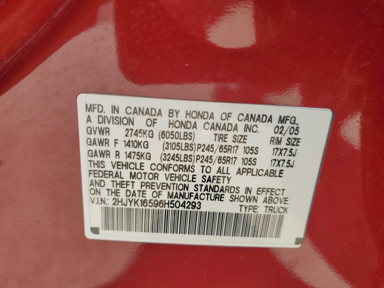 2006 Honda Ridgeline Rtl VIN: 2HJYK16596H504293 Lot: 82280175