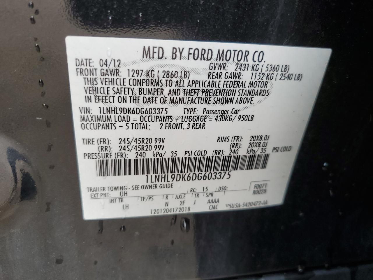 2013 Lincoln Mks VIN: 1LNHL9DK6DG603375 Lot: 90273555