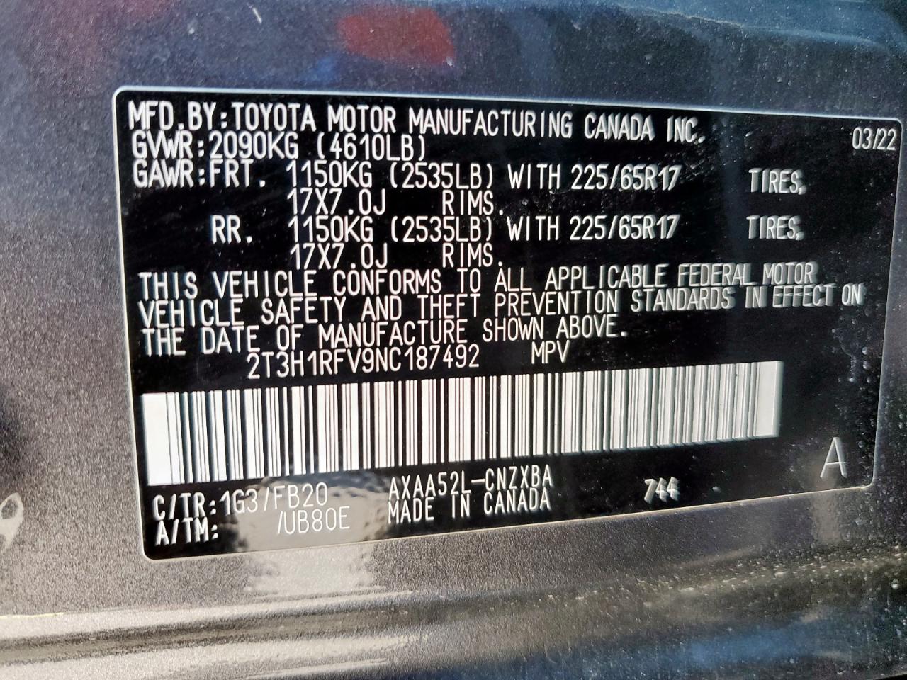 2022 Toyota Rav4 Le VIN: 2T3H1RFV9NC187492 Lot: 82126475