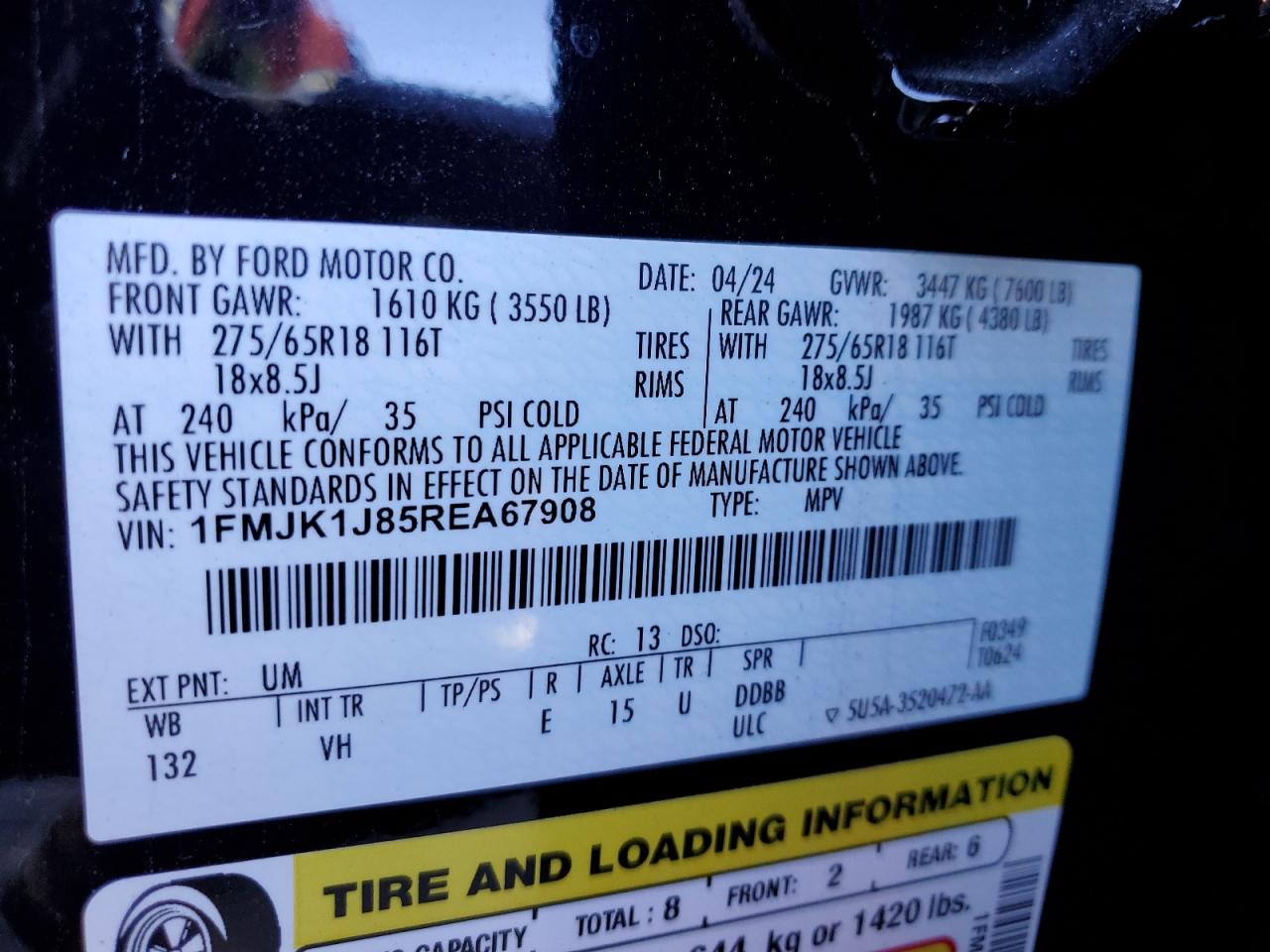 2024 Ford Expedition Max Xlt VIN: 1FMJK1J85REA67908 Lot: 86168735