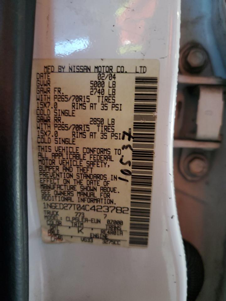 2004 Nissan Frontier Crew Cab Xe V6 VIN: 1N6ED27T04C423782 Lot: 82419745