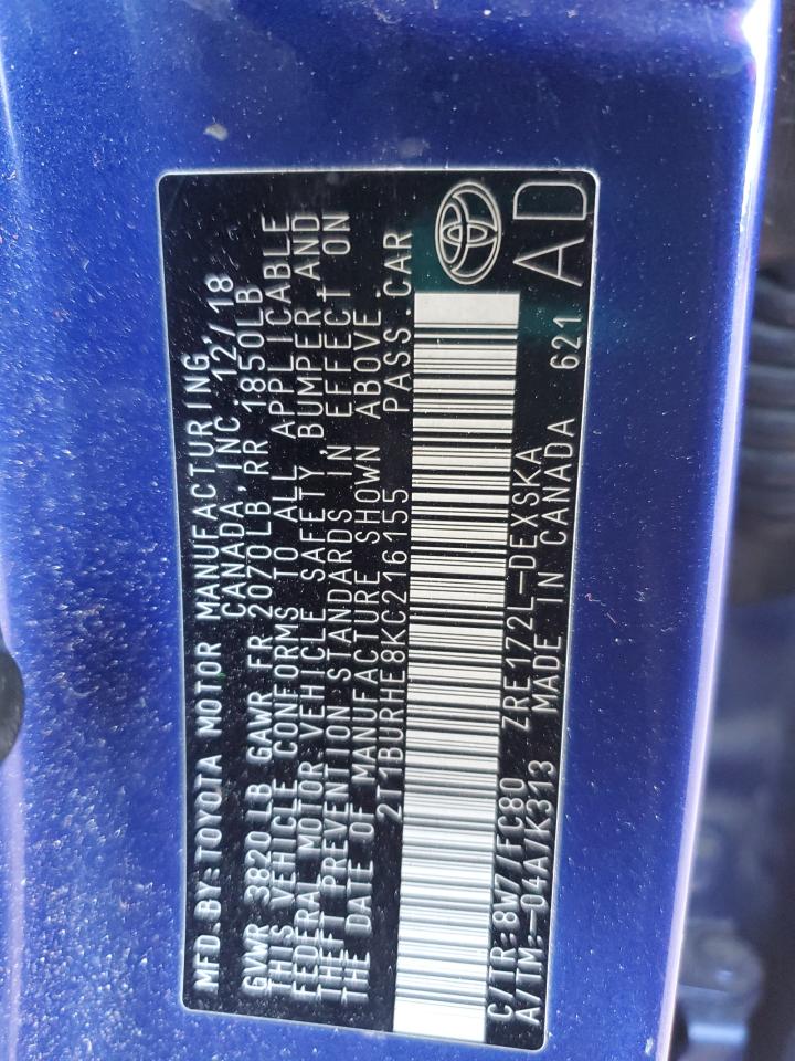 2019 Toyota Corolla L VIN: 2T1BURHE8KC216155 Lot: 82233415