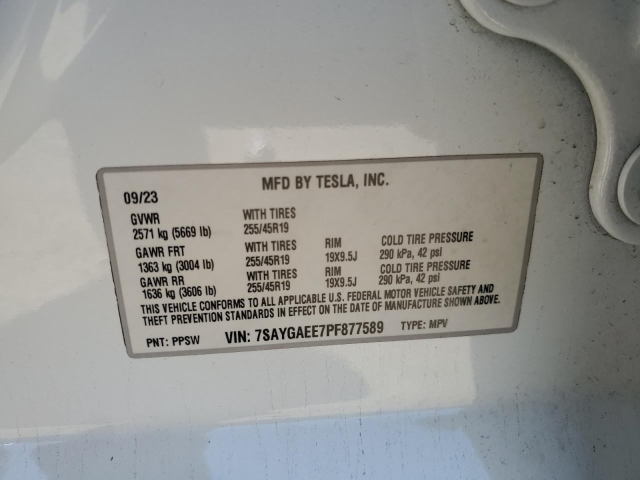 2023 Tesla Model Y VIN: 7SAYGAEE7PF877589 Lot: 87102585