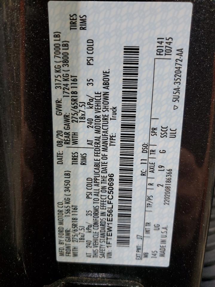 2020 Ford F150 Supercrew VIN: 1FTEW1E56LFC50696 Lot: 82268535